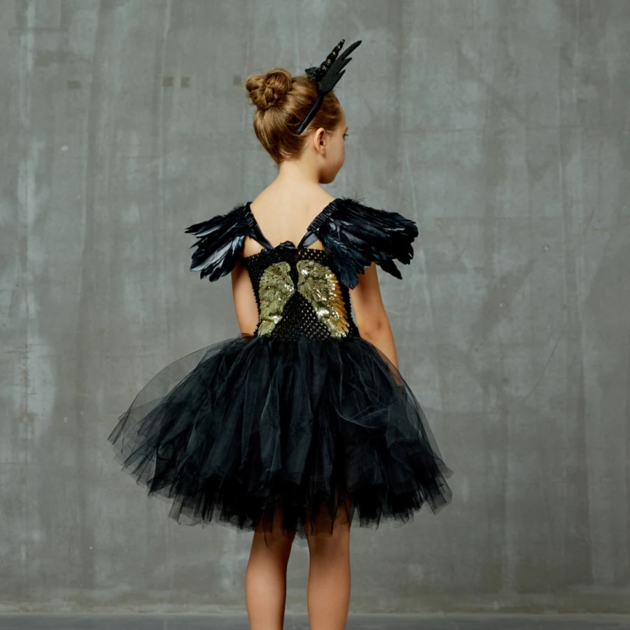 Fallen Angel Dark Gothic Black Halloween Tutu Dress Glitter Wings Girls Halloween Evening Party Ball Gown Evil Witch Costume (9)