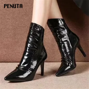 

2020 PENUTA High Heel Boots Pointed Toe Women's Ankle Boots Patent Leather Pleated Italian Shoes Top Quality Ladies Booties D02