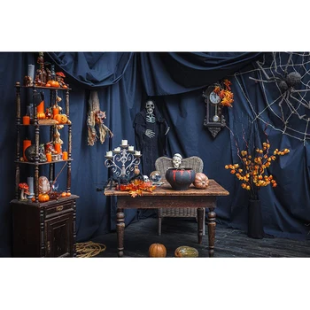 

Halloween Party Decoration Photo Background Printed Blue Curtain Skulls Pumpkins Kids Children Photography Studio Backdrops