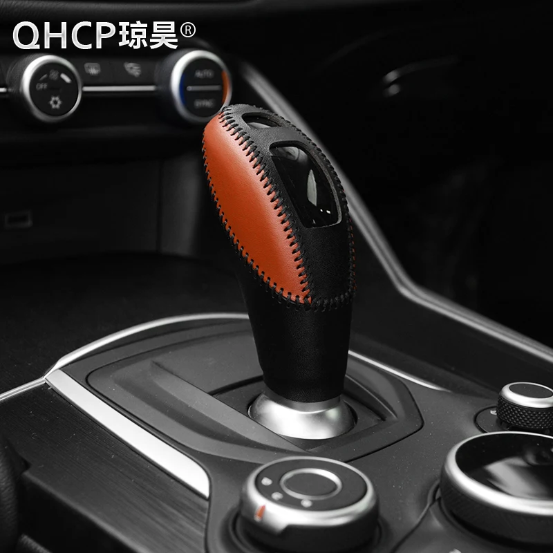 

Кожаная накладка на ручку переключения передач QHCP, декоративные наклейки на рукоятку ручного шитья, черные, красные, черные, коричневые, для Alfa Romeo Giulia Stelvio
