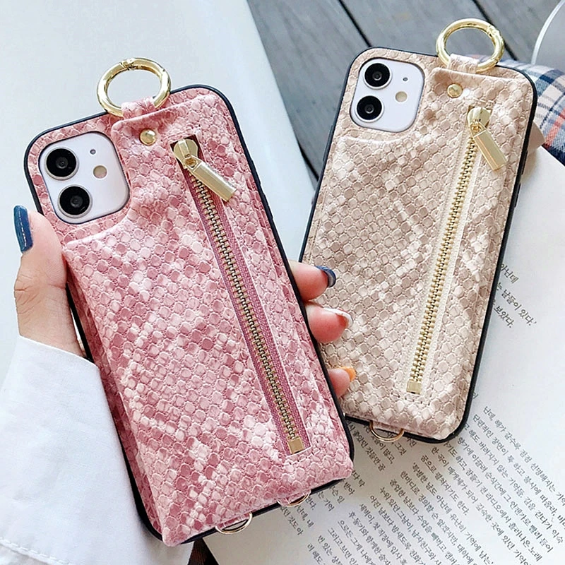 

Luxury Snakeskin Pattern Leather Zipper Pocket Phone Case For iphone 11Pro Max SE 7 8 Plus X XS Max XR Snake Skin Lanyard Cover