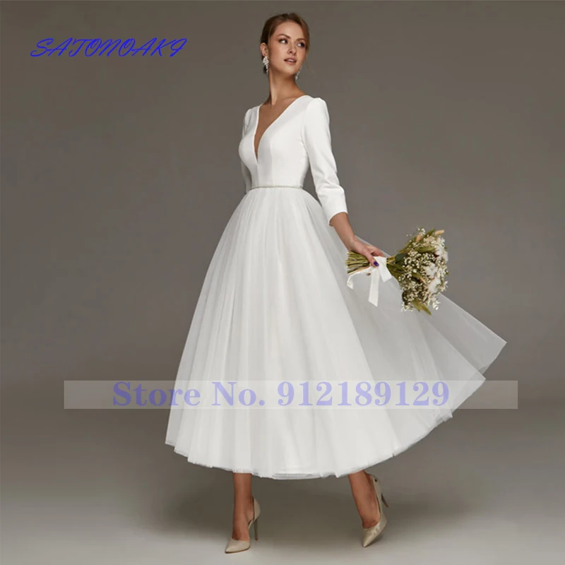 short wedding dresses Vestidos De Novia Elegant White Short A Line Wedding Dress Sexy V Neck 3/4 Sleeves Tea Length Simple Bridal Gown Robe De Mariée mermaid wedding dress