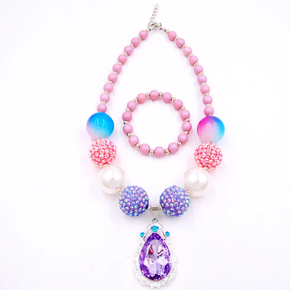 2022 New Year Child Chunky Beads Necklaces Girls Pink Purple Gem