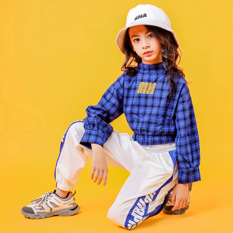 Blue Girls Boys Hip Hop Hoodies Dance Clothes for Kids Jazz Dancing Costumes SweaterShirt Ballroom Crop Tops Plaid Jogger Pants (12)