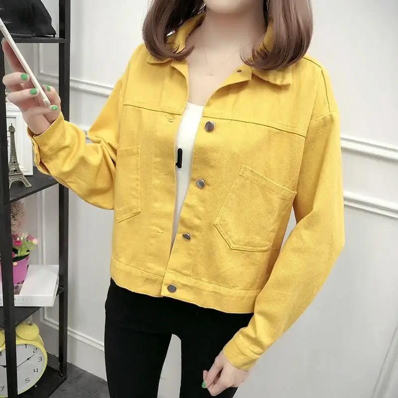 

Women Yellow Red Basic Denim Jackets Autumn Loose Single Breasted Short Ladies Jean Coat Solid Female Short Outwear