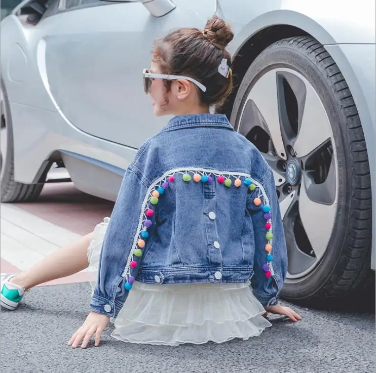 Korea style girls denim pom pom coat fashion autumn girls coat 4-9t C373