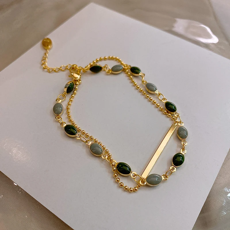 Korean hot fashion jewelry, exquisite dark green beads double-layer bracelet, elegant student girlfriends women’s daily bracelet