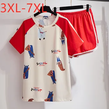 

New 2020 summer plus size home wear sets for women large loose casual print T-shirt and shorts pajamas suit red 4XL 5XL 6XL 7XL