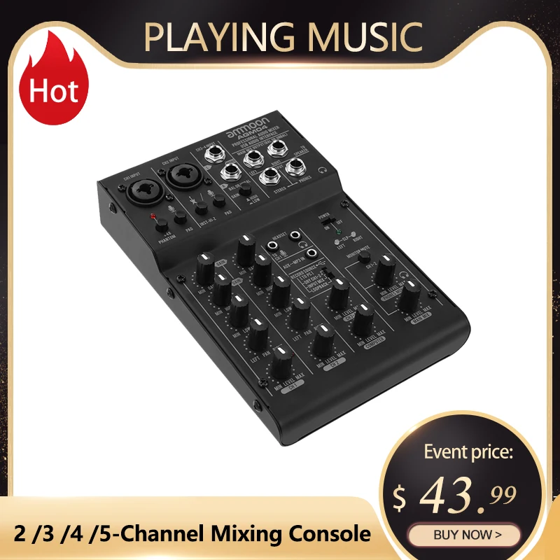 ¡Ammoon 4-canal Mini consola mezcladora Digital de Audio 2-banda EQ construido en alimentación Phantom de 48V mezclador de audio 5V USB caliente!