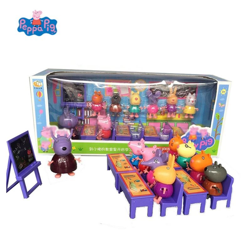 Cena Świnka Peppa oryginalne biurko szkolne zestaw zabawek Piggy nauczyciel akcja Anime rysunek rola zabawkowy model dziecko prezent urodzinowy