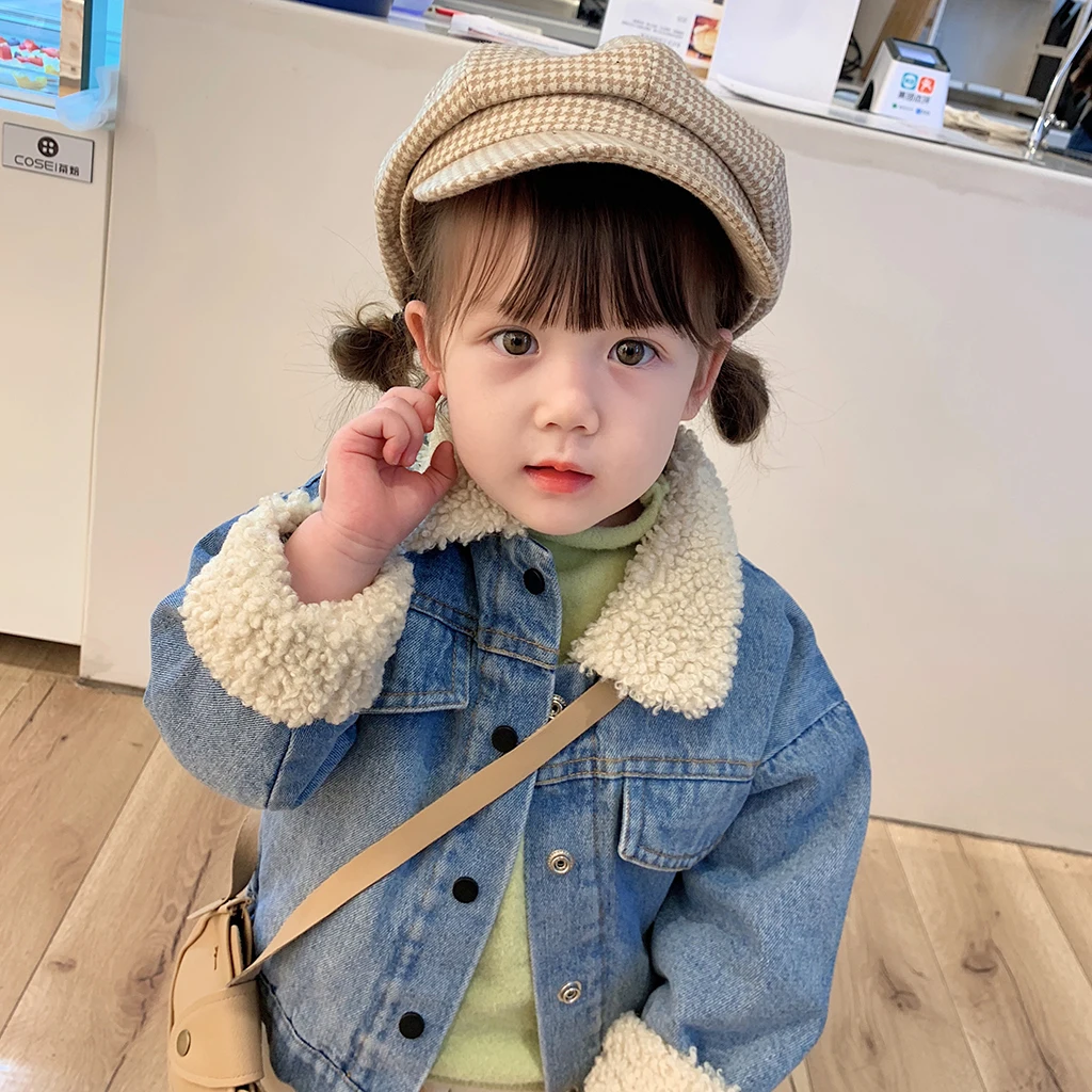 Куртки для маленьких девочек 2, 3, 4, 5, 6 лет утепленная джинсовая куртка из овечьей шерсти для девочек, модная верхняя одежда для детей в Корейском стиле Осень-зима