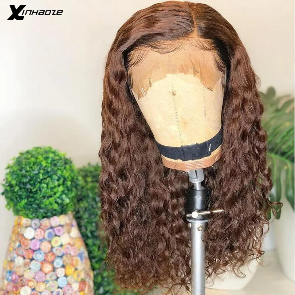 Peluca con malla Frontal para mujer, cabello humano peruano ondulado con parte lateral marrón oscuro, 13x4, encaje Frontal, encaje de colores marrón, peluca con malla Frontal s