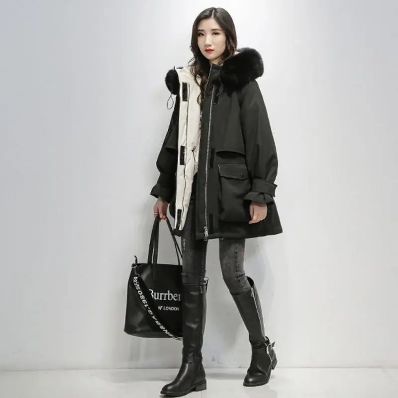 Fitaylor chaqueta de invierno con capucha de piel de zorro Natural grande para mujer 90% de pato blanco Parkas gruesas abrigo de - Цвет: Черный