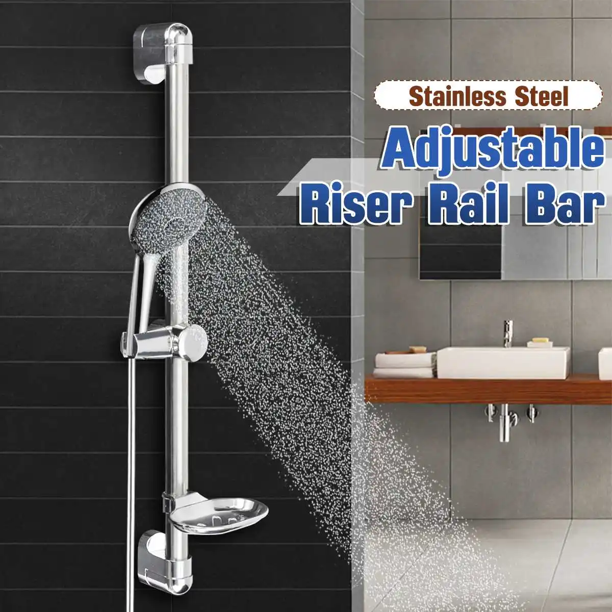 Stainless Steel Adjustable Shower Riser Rail Bracket Shower Head Holder Kit 
