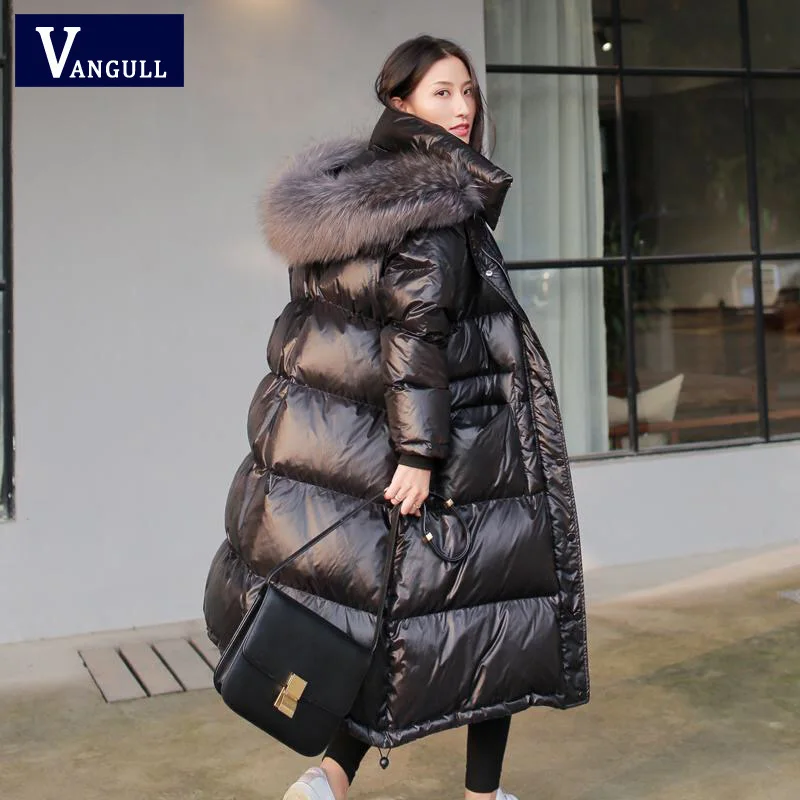 

Vangull Black Glossy Women Winter Jacket Big Fur Collar Winter Coat Women Long Down Parka Lady Hooded Parkas Warm Cotton Jackets