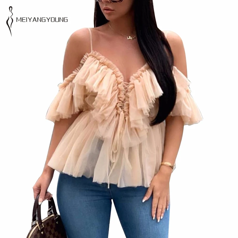 

MEIYANGYOUNG Sleeveless Blouse Women 2019 Solid Womens Tops And Blouses Spaghetti Strap Sexy Mesh Shorts Fashion Woman Blouses