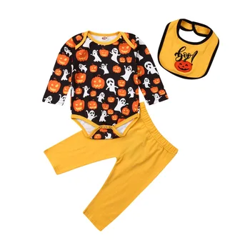 

Halloween Infant Baby Boys Girls Clothes Ghost Spirit Pumpkin Romper Tops Long Pant Bib 3PCS Baby Child Outfit Clothes Set