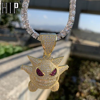 

Hip Hop Iced Out Bling Cubic Zircon Gengar Ghost Copper Color Pendant & Necklace For Men Women Jewelry With Chains