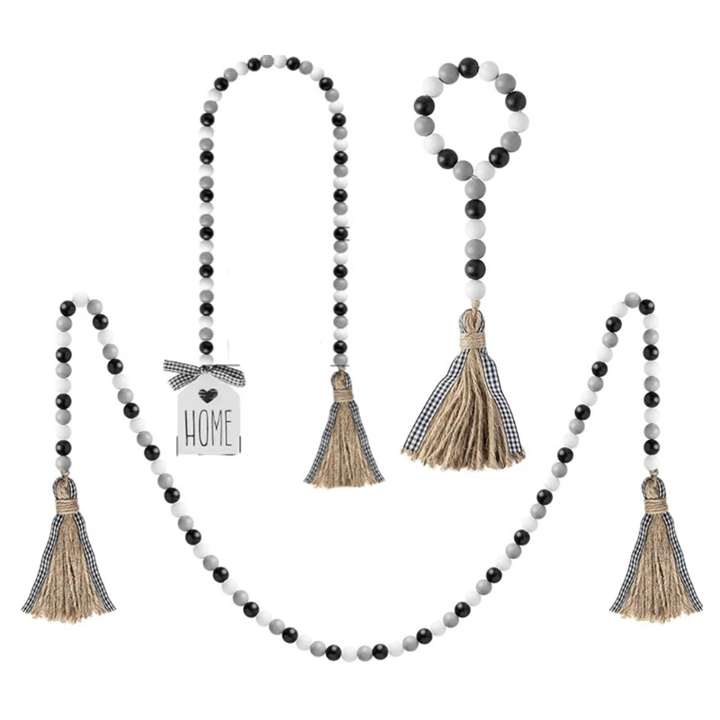 2/3Pcs Wood Bead Garland With Tassels Rustic Farmhouse Tiered Tray Holiday Decor 