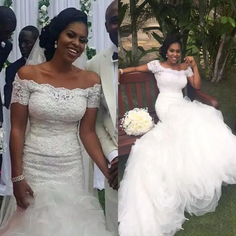 

African Mermaid Wedding Dresses Off the Shoulder Portrait Short Sleeves Lace Top Ruffled Skirt Stunning Bridal Gowns