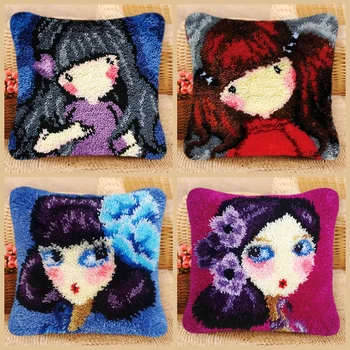 

DIY Latch Hook Kits Lovely Girl Pattern Pillow Latch Hook Cross Stitch Carpet Embroidered Segment Embroidery Rug Hook Needlework