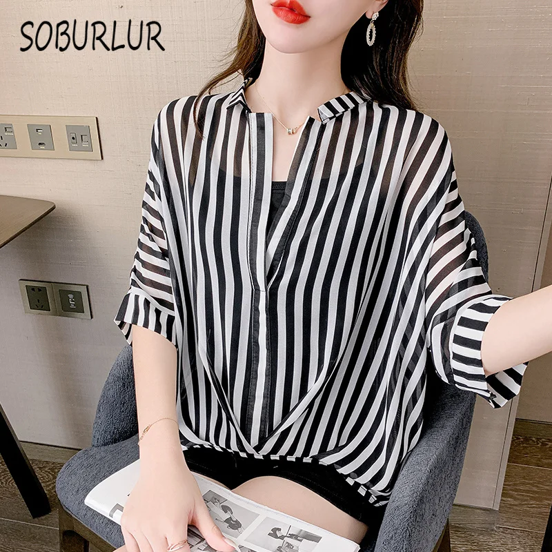 

SOBURLUR Summer New White Shirts Casual Loose Women's Blouses Crop Top Woman Clothing Blousas Stripe Tunics BF Korean Style Tops