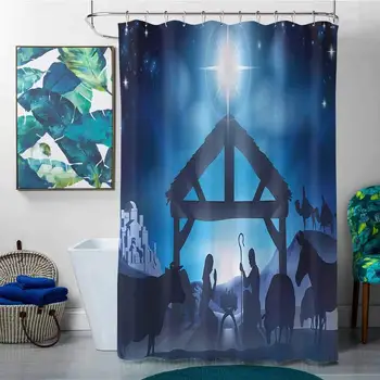 

Shower Curtains for Bathroom Unique Blue,Birth Scene in Bethlehem with Christmas Star Barn Animals Magical Night,Grey Dark Blue