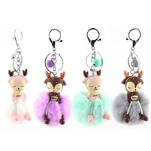Милый в весеннем стиле с рисунком оленя с меховыми помпонами Рождество брелок "Олень" Для женщин автомобильный брелок для ключей