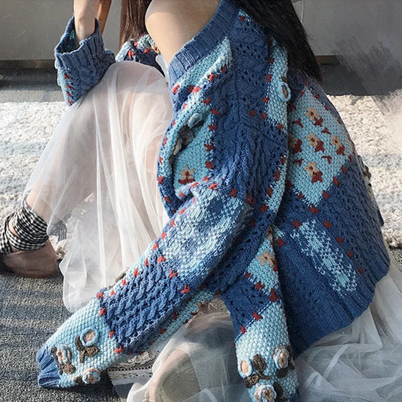 Best Price Sweater Women 2020 Autumn Hand Embroidered Wool Sweater Cardigan O-Neck Cardigans Women Sweater
