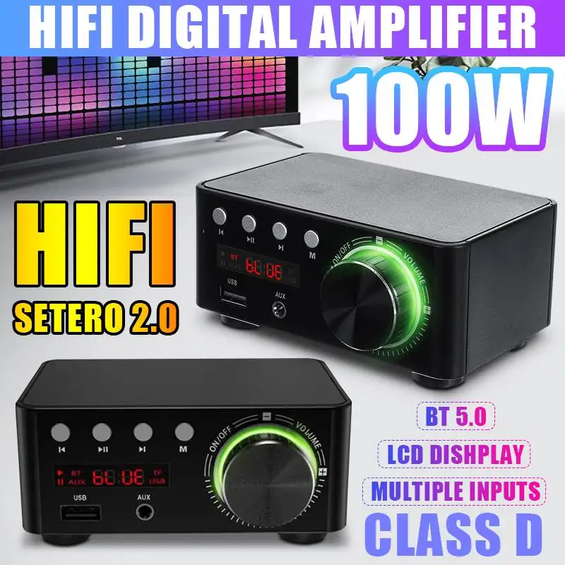 

100W Audio HiFi bluetooth 5.0 Power Amplifiers Class D Amplifier Tpa3116 Digital Amp Home Audio Car Marine USB AUX IN Mini Audio
