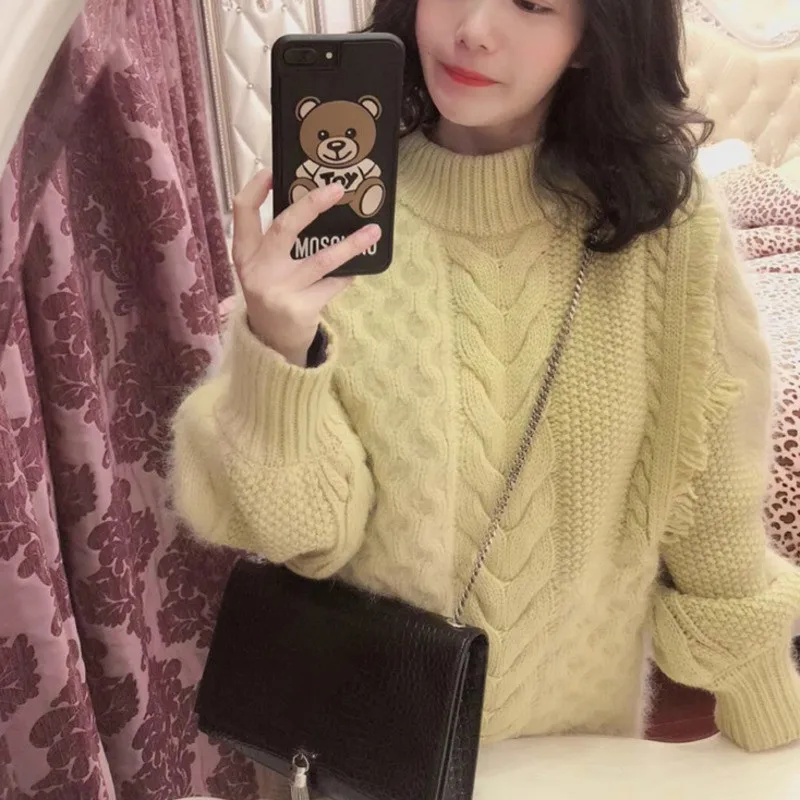DEAT Solid Color Round Neck Long Sleeve Stitching Edging Hook Flower Knit Woman Sweater Casual Fashion Autumn New TV650