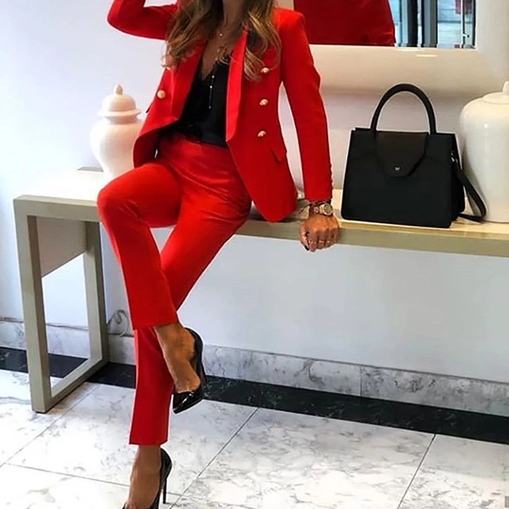 Fashion Solid Women Blazer Suits Long Sleeve Double breasted Blazer Jacket & Pant 2020 Office Wear Two Piece Blazer Pant Suit