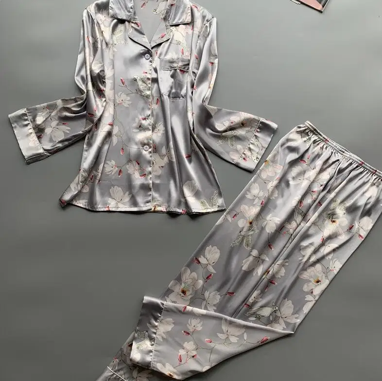 Satin Pyjamas Women Pajamas Sets with Pants Flower Print Long Sleeve Silk Sleepwear 2 pieces suit Mujer Female Home Clothes