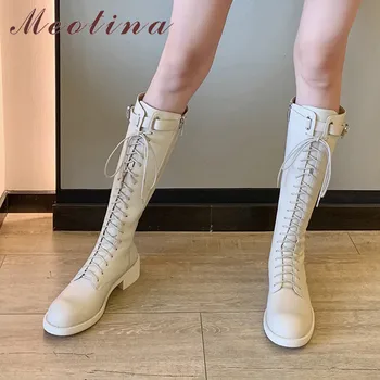 

Meotina High Heel Woman Boots Genuine Leather Knee High Boots Buckle Lace Up Long Boots Zip Block Heel Ladies Shoes White Black