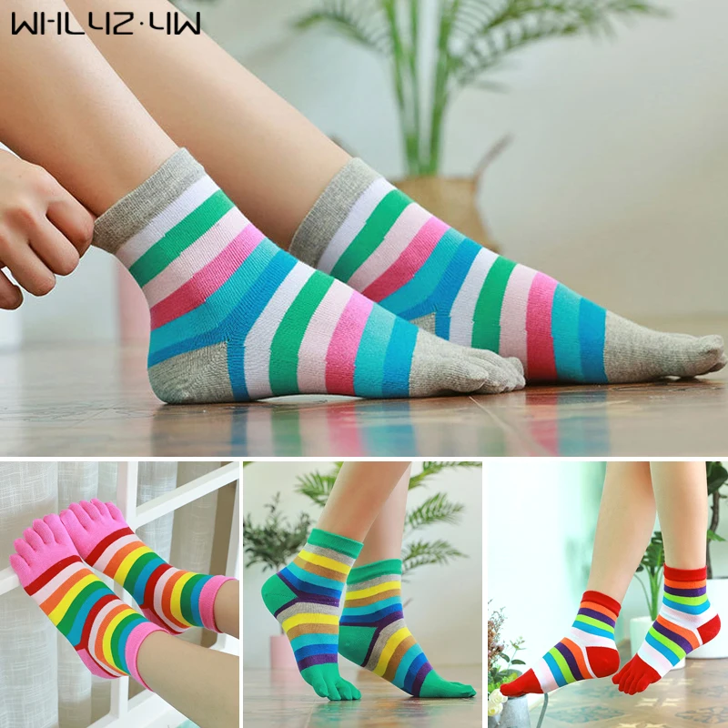 Spring Summer Pure Cotton Women Socks With Toes Striped Rainbow Cute  Harajuku Soft Weave Girl Five Finger Socks Novelty EU 35-39