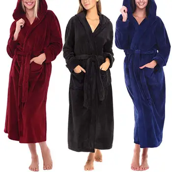 

Women Sleep Bath Robe Women Coral Fleece Bathrobe Solid Color Thicken Ankle-Length Bath Robes Hoode Bath Robe Gown Sleepwear