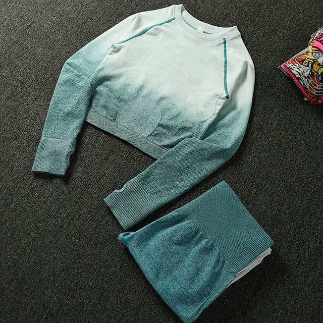 Green2PcsSet Женский комплект для йоги, одежда для спортзала, Омбре, бесшовные градиентные леггинсы+ Топ с длинным рукавом, спортивный костюм для тренировок, Женский комплект для фитнеса, одежда для активного отдыха - Цвет: Green2PcsSet