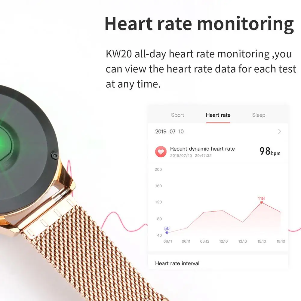 KW20 Metal Smart Female Watch Touch Screen IP68 Bluetooth Smart Bracelet Heart Rate Monitor Multi-Sports Modes Fitness Tracker