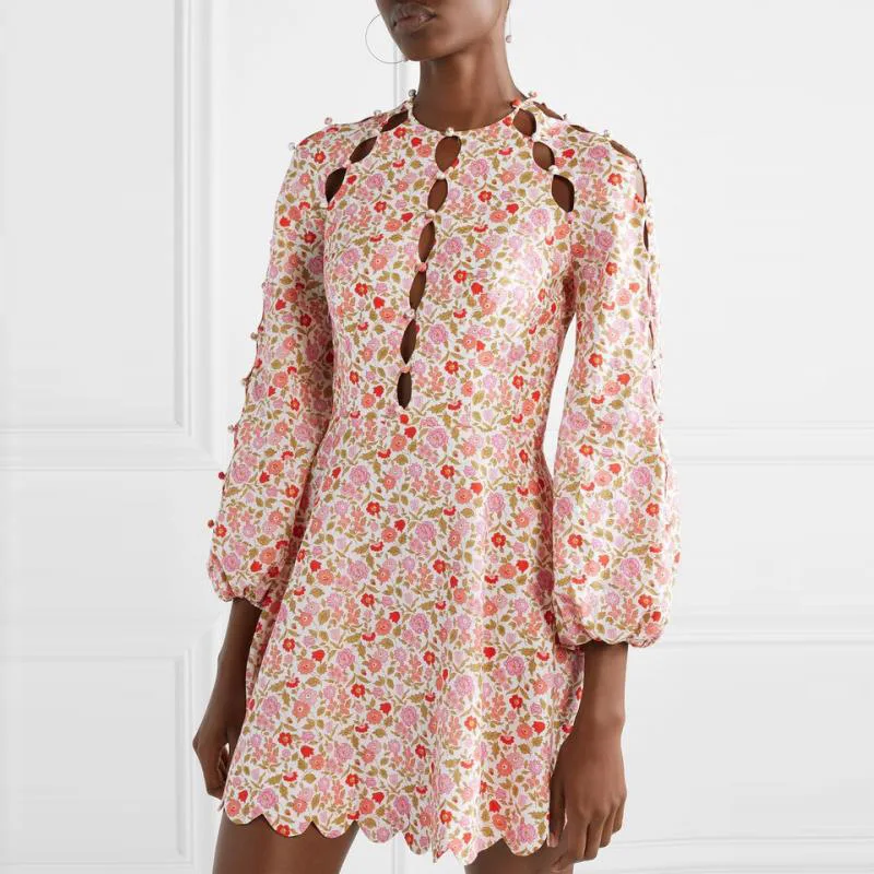 

New Sweet Pink Printed Dress Short with Long Sleeve and Wave Edge on Round Neck in Summer of 2019