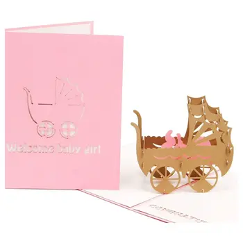 

3D Baby in pram Card Pop up Birthday Card Baby Gift Handmade Kirigami Paper Art Blank 3D Greeting Card(Baby Girl)