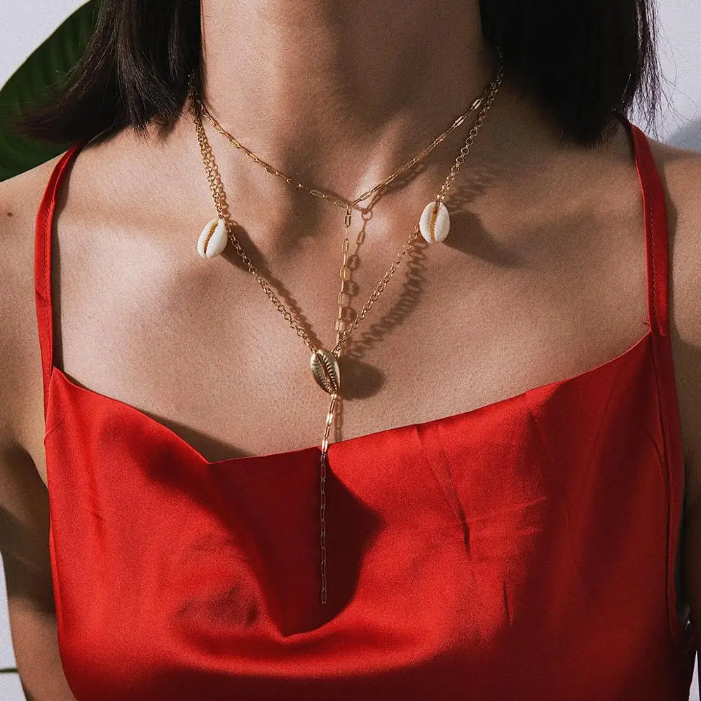 

Gold Sliver Multi layer Necklace For Women Shell Choker Necklaces & Pendants Long Tassel Y 2019 Female Ocean Fashion Jewelry