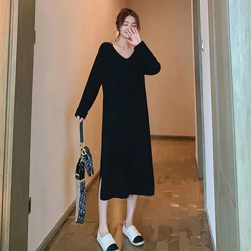 

Sexy Women Maxi Dress Loose V-neck Sweater Dress Split Knit Long Dresses Plus Size Women Clothing