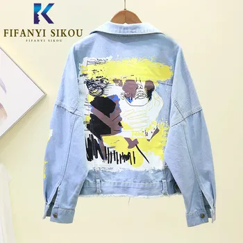 

Jeans Jacket Women Fashion Double Pocket Long Sleeve Print Denim Jacket Female 2020 Spring Autumn Loose Light blue Jeans Coat