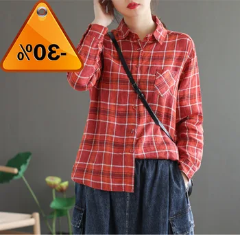

Women Spring 2020 Blouse New Arrival Spliced Plaid Long Sleeve Turn-Down Collar Loose Shirt Female Casual Blouses
