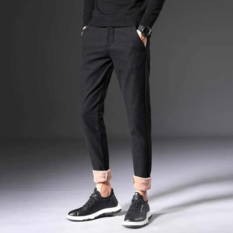 Autumn Winter Pants Men Fleece Thick Slim Casual Solid Color Fashion Wild Trousers Straight Male Pants