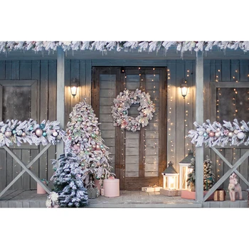 

Merry Xmas Photo Backdrop Wood Door Garland Printed Lanterns Decorated Cedar Tree Baby Kids Christmas Background Photography