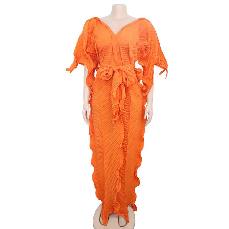Women Casual Half Sleeve Off Shoulder V Neck Loose Maxi Dress Ruffles Solid Chic Sashes Dress Elegant Evening Party Vestidos - Цвет: Orange