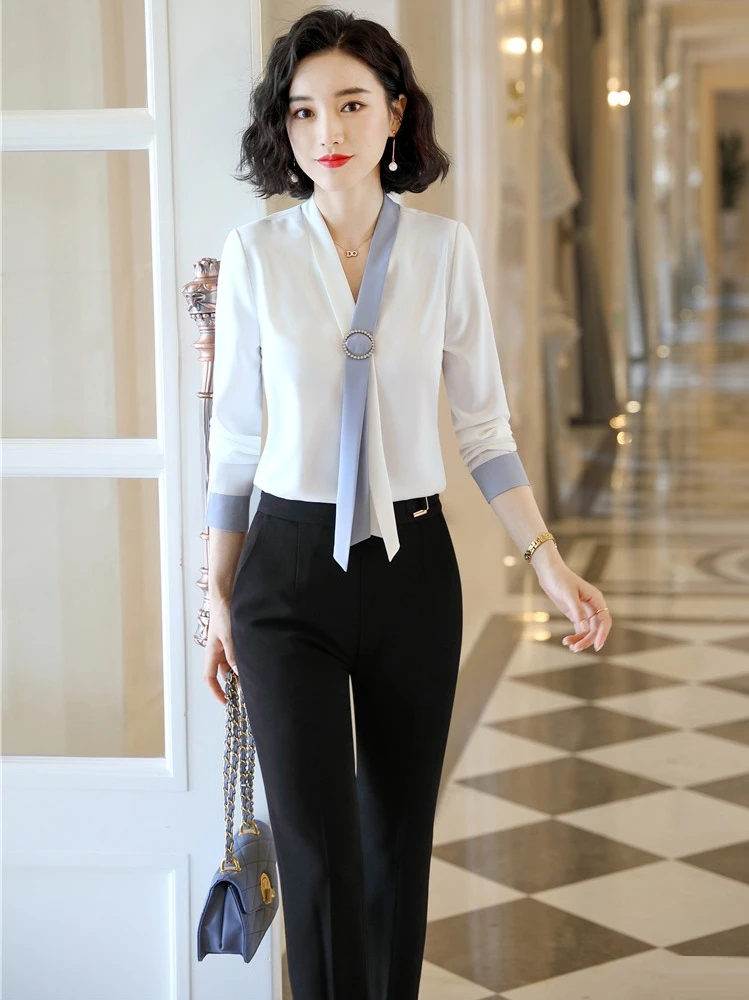 Conjunto de blusa y camisa de manga para mujer, de trabajo, de 2 piezas, color blanco|Blusas y camisas| - AliExpress