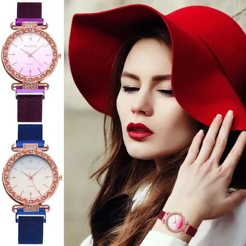 

Women Watches Magnet Mesh Strap Fashion Quartz Analog Rhinestone Wristwatch