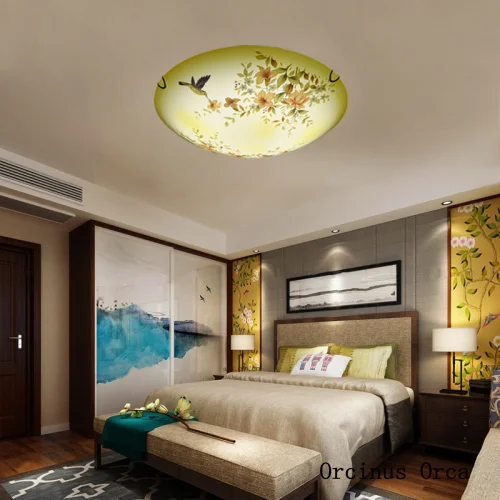 Китайский стиль Красочный цветок и птица потолочный светильник Гостиная Кабинет Спальня китайский креативный круглый светодиодный стеклянный потолочный светильник